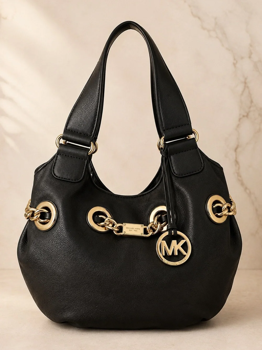 Michael Kors Black Pebbled Leather Gold Chain Grommet Hobo Shoulder Bag